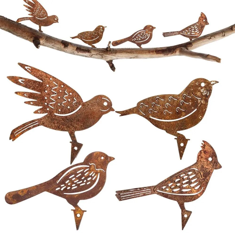 Set of Four Rusty Metal Bird Silhouettes Garden Fence Decor