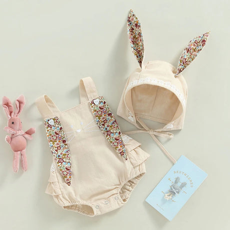 Baby Bunny Romper Rabbit Ears Overalls Bodysuit Playsuits Easter Day Outfit Costume with Hat