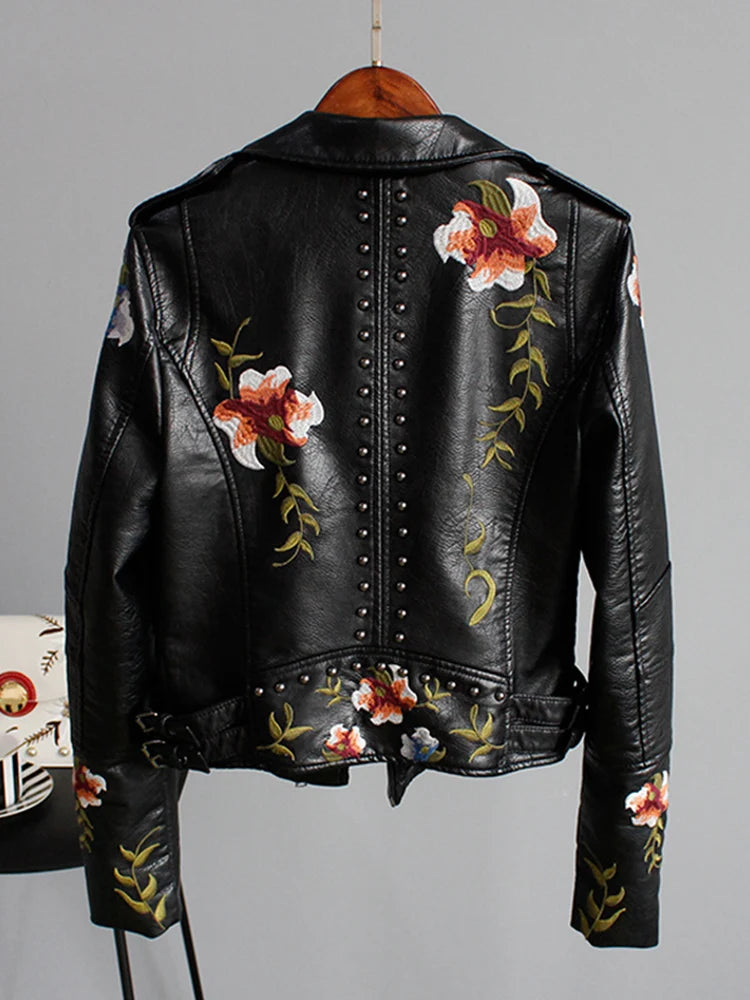 Wild Rose's Floral Print Embroidery Faux Soft Leather Motorcycle Jacket