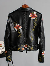 Wild Rose's Floral Print Embroidery Faux Soft Leather Motorcycle Jacket