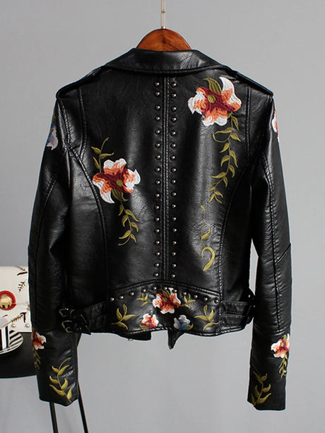 Wild Rose's Floral Print Embroidery Faux Soft Leather Motorcycle Jacket