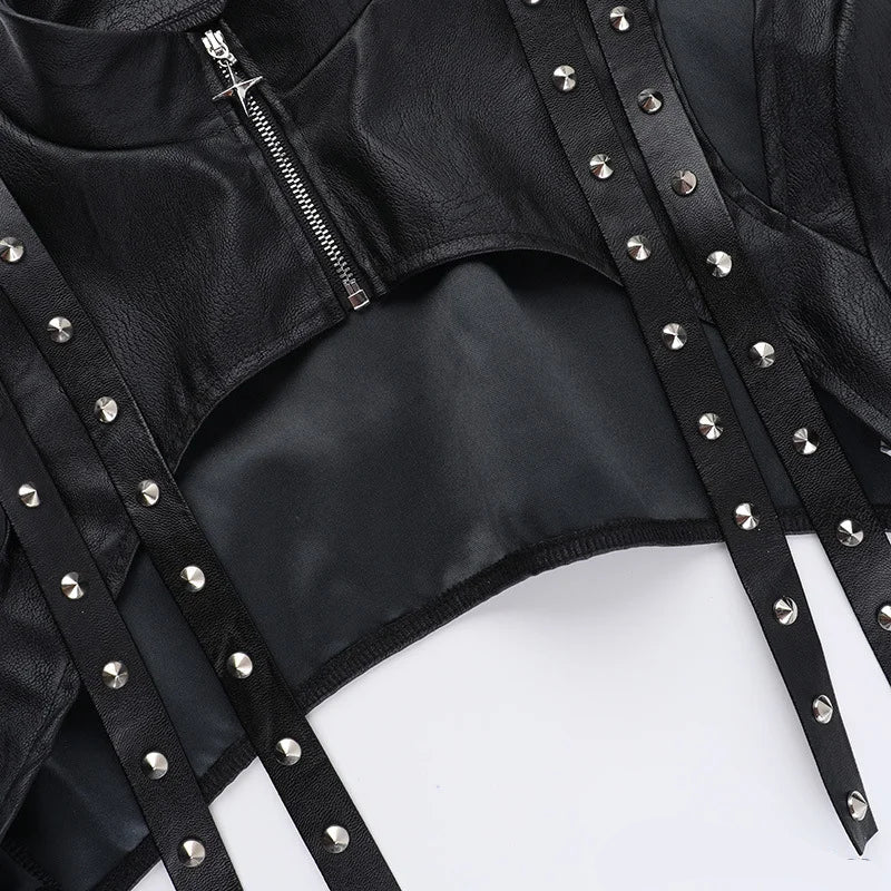 Women's Punk Crop Jacket PU Leather Cosplay Jacket Rivet Strap Gothic Streetwear Top