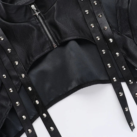 Women's Punk Crop Jacket PU Leather Cosplay Jacket Rivet Strap Gothic Streetwear Top