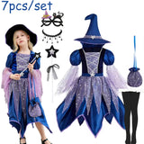 Girls Witch Outfit Halloween Party Costumes for Kids Dress Up With Bag Hat Wand