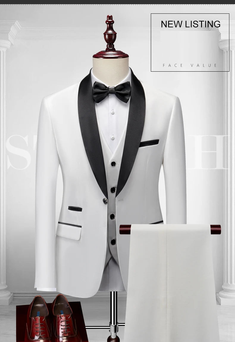 Mens Tuxedo Three Piece Suit Blazer with Trousers and Vest