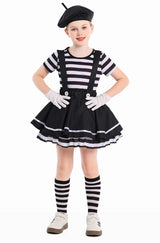 French Mime Pantomime Actor Clown Halloween Girls Stage Performance Costume Outfits Top+Strappy skirt+Hat+Gloves