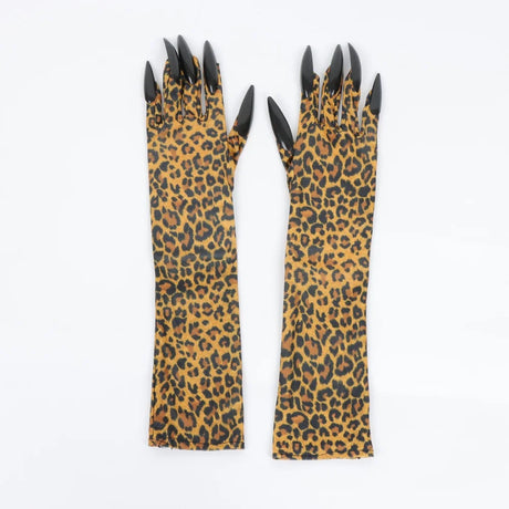 Leopard Print Long Gloves with Claws Halloween Costume Gloves