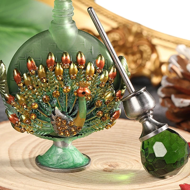7ml Peacock Refillable Empty Perfume Bottle Metal Enamel Emerald Green Glass Cap Dripper