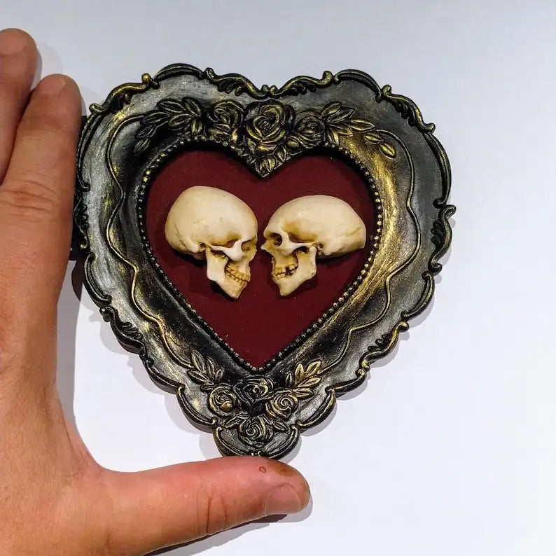 Framed Miniature Lover Skulls Resin Dark Academia Wall Art