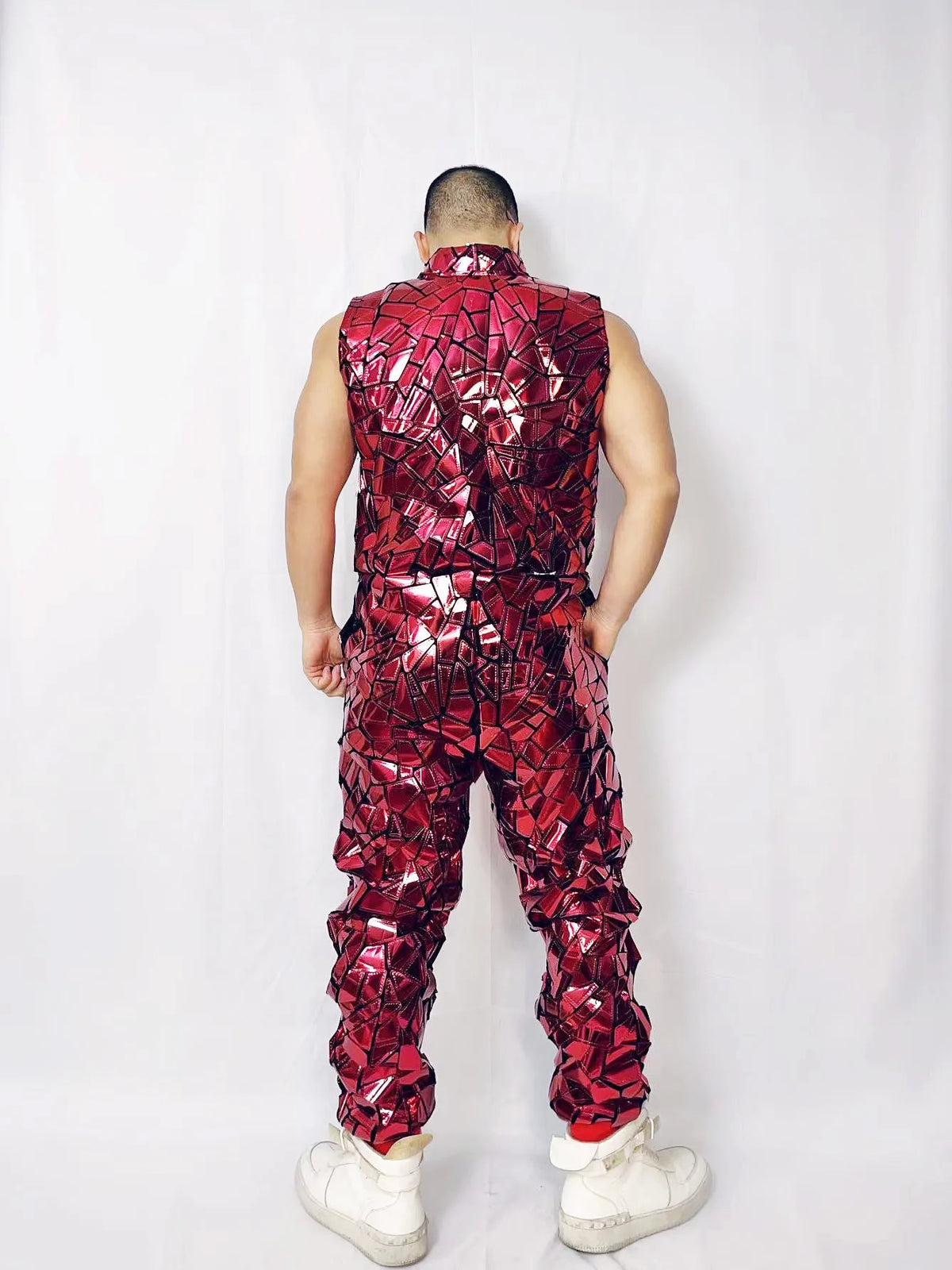 Mens Laser Mirror Sleeveless Jumpsuit Hip Hop Dancer Party Nightclub Outfit
