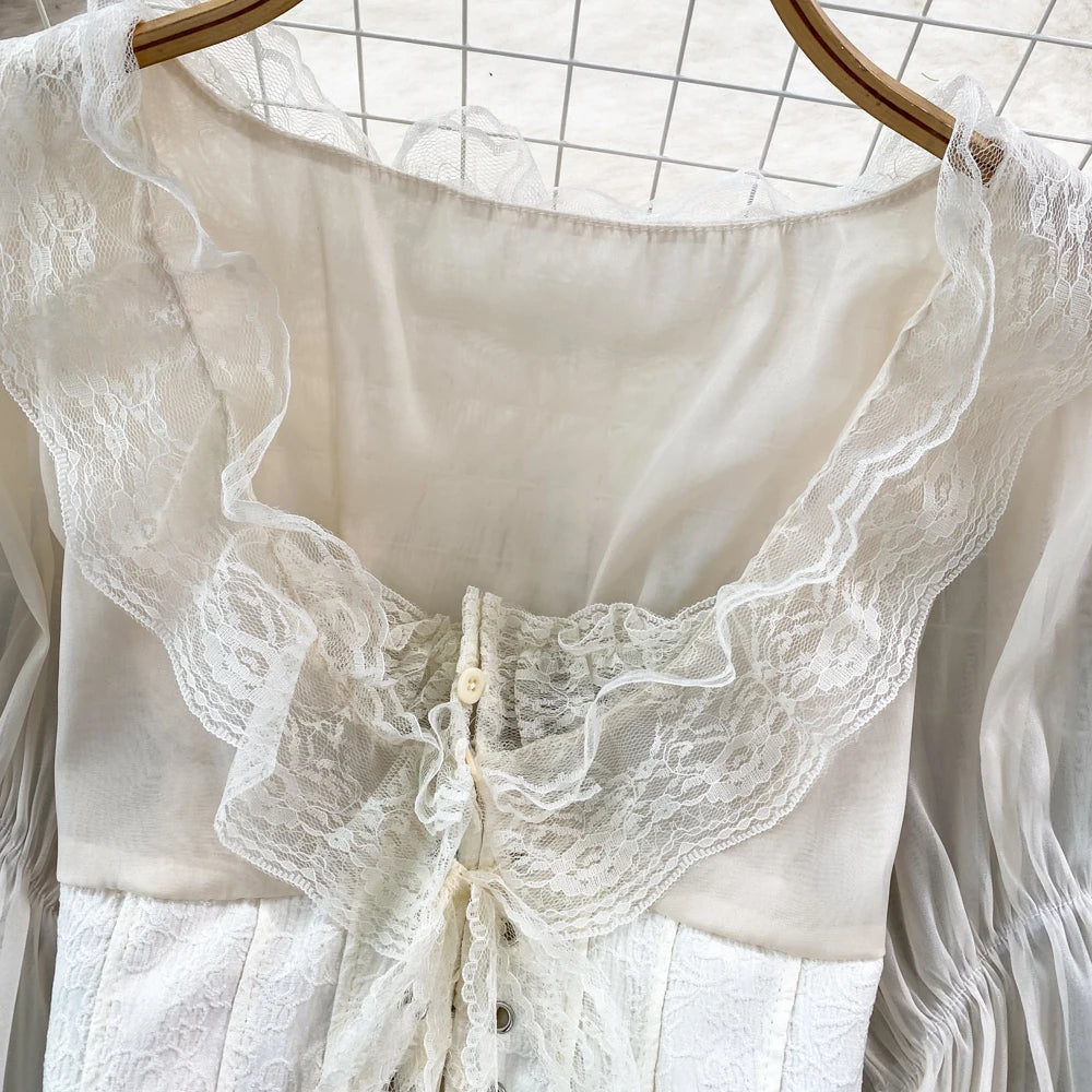 French Court Blouse Chiffon Lace Lace-up Top