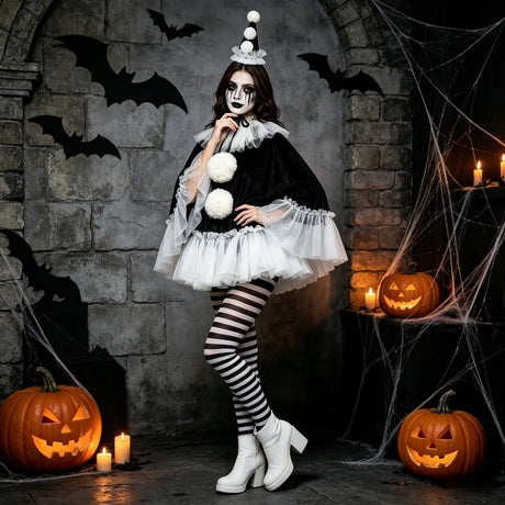 Women Pierrot Clown Costume 3Pcs Halloween Clown Cosplay Set