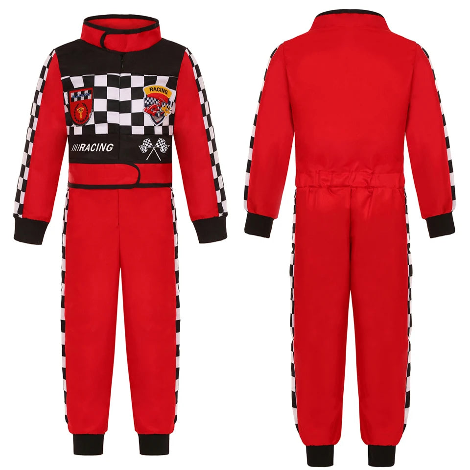 Kids Racer Costume Set Halloween Cosplay Checkered Racing Jumpsuit Boys Book Week Costumes