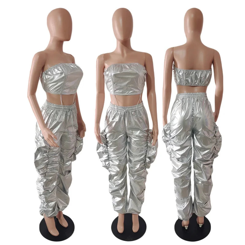 Gold Sliver Metallic Two Piece Sets Crop Top and Pants Streetwear Hip Hop Rave Festival Outfit