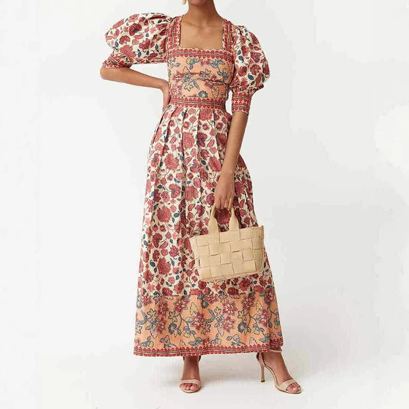 Lana's Square Neck Bubble Sleeve Top & Long Skirt Sets Floral Print Bohemian Summer Outfit