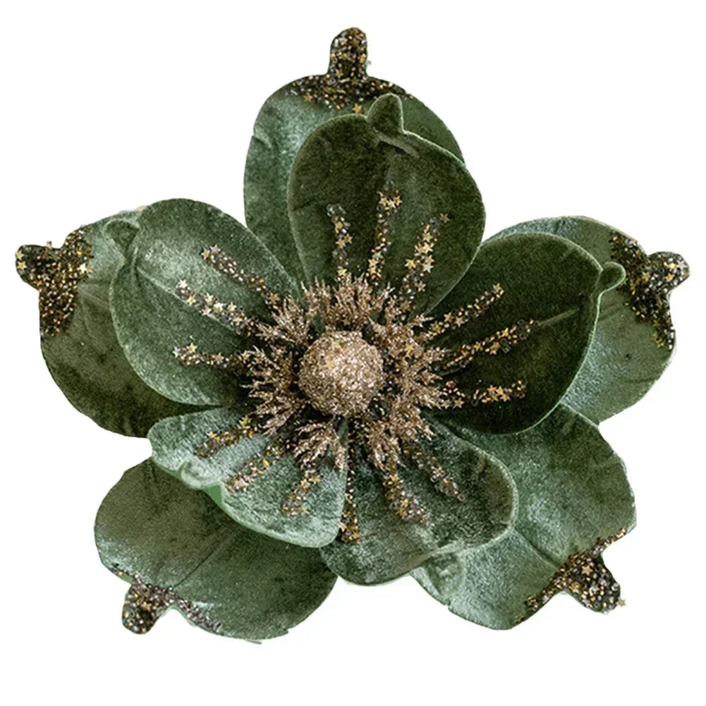 24cm Large Glitter Christmas Flowers Artificial Magnolia Flower Ornament Floral Xmas Tree Decorations