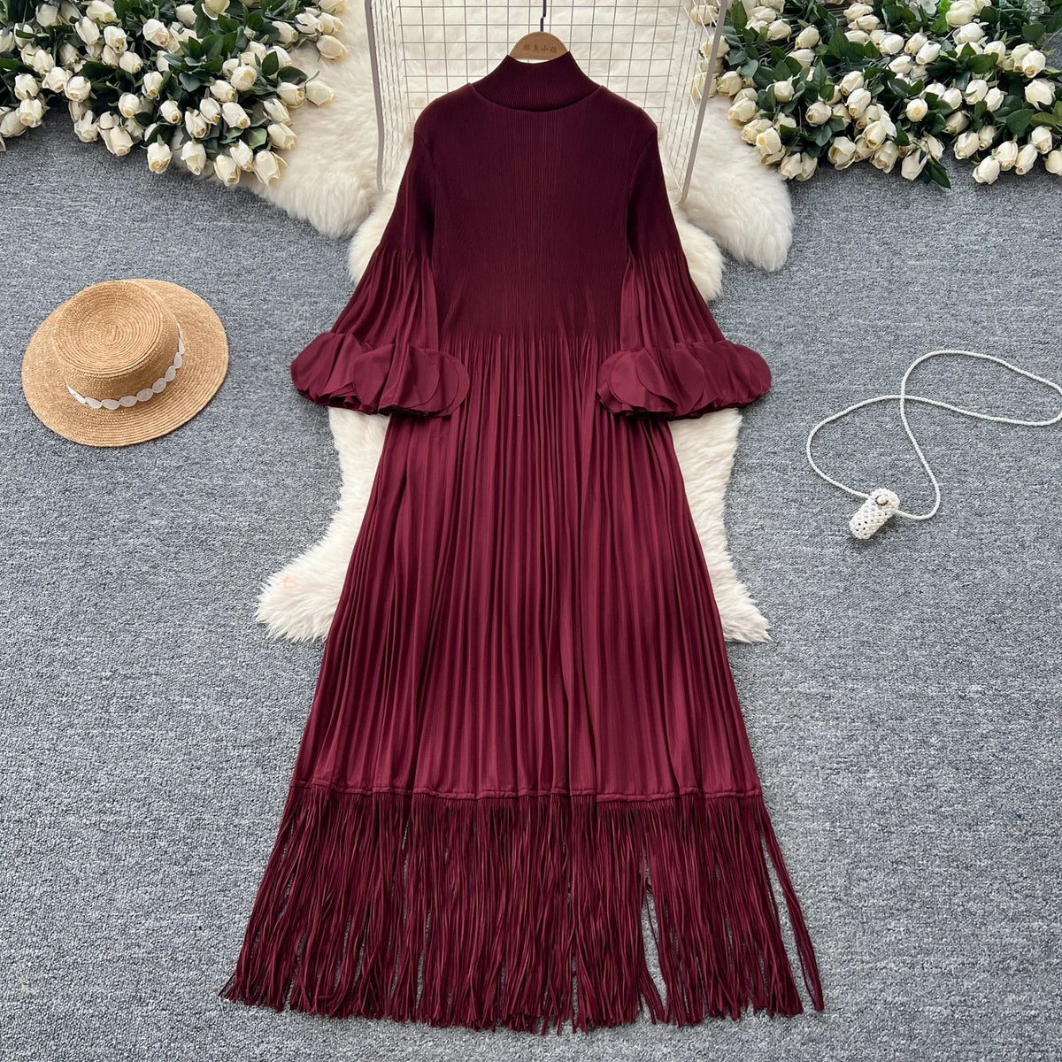 Petal Sleeves Pleated Tassel Dress Eight Colours