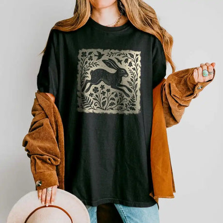 Wild Hare Linoprint T-Shirt Folk Art Forest Animal Naturecore Tee