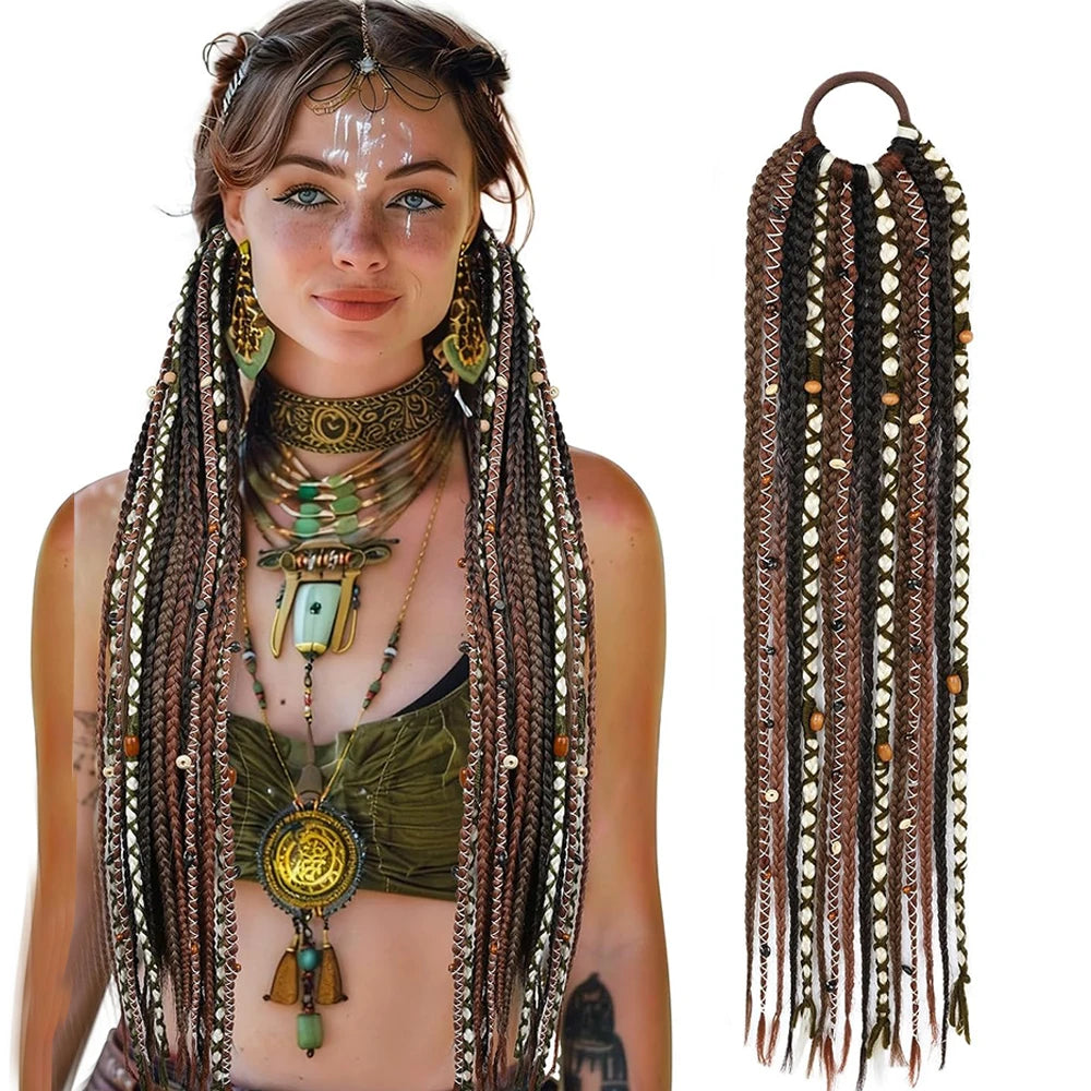 24" Beaded Boho Braided Ponytail Extension Viking Ties Dreadlock Synthetic Hairpiece