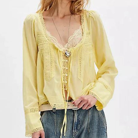 Y2K Boho Long Sleeve Lace Patchwork Button-down Tops 100% Cotton