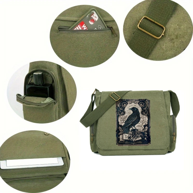 Raven Print Canvas Shoulder Bag Crossbody Messenger Bag
