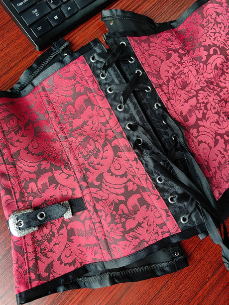 Men's Red Black Waist Boned Corset Lace Up Burlesque Performance Stage Costume Circus