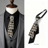 Dark Academia Jabot Plaid Short Necktie Rhinestone Brooch Pearl Chain