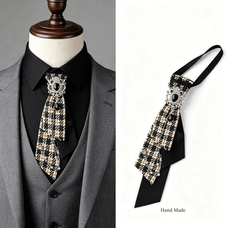Dark Academia Jabot Plaid Short Necktie Rhinestone Brooch Pearl Chain