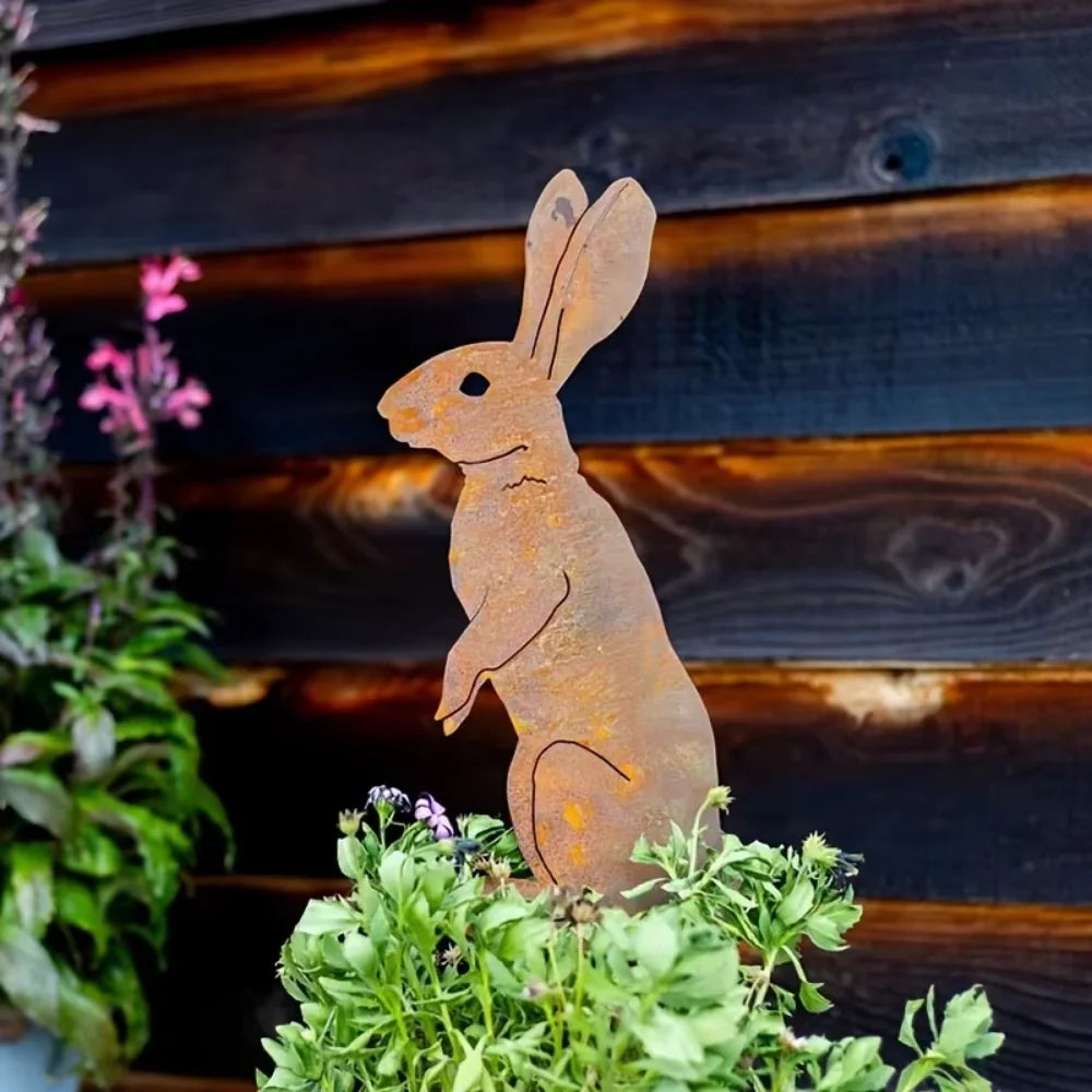 Rustic Metal Rabbit Garden Stake Rusty Bunny Silhouette