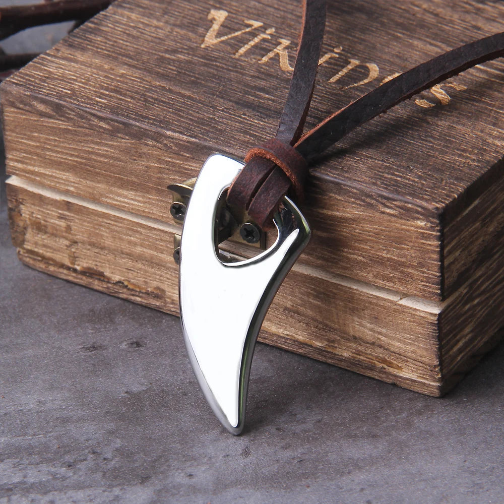 Viking Wolf Fang Stainless Steel Pendant Necklace For Men with Wooden Gift Box