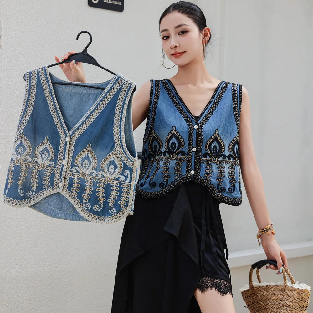 Mardi's Boho Denim Floral Embroidery Vest Top