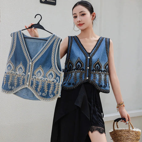 Mardi's Boho Denim Floral Embroidery Vest Top