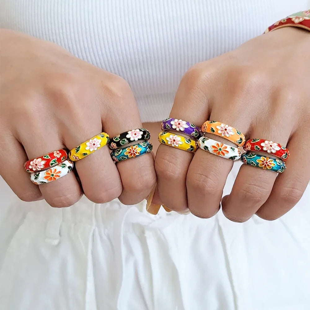 Vintage Boho Colourful Enamel Flower Rings