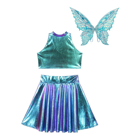 Festival Fairy Cosplay Costume Sleeveless Crop Top, High Waist Flared Skirt And Butterfly Wings Set