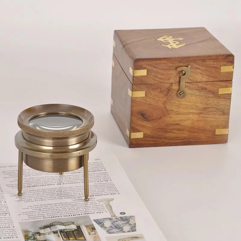 Antique Replica Brass Tabletop Magnifier Standing Magnifying Glass with Wooden Box Nautical Home Decor