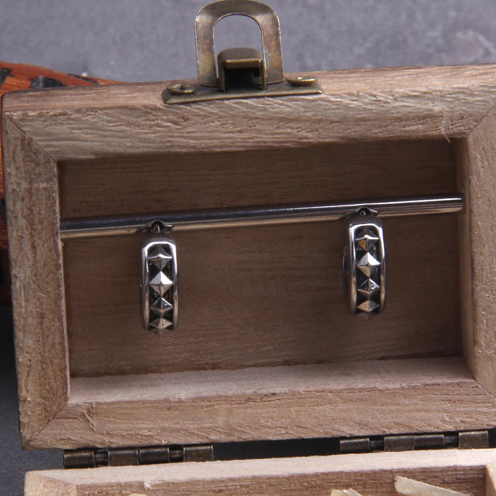 Viking Rivet Stainless Steel Huggie Hoop Earrings for Men with Wooden Box