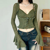 Y2k Dark Green Long Sleeved Ruffle Top Matching Skirt Goblincore