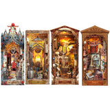 Magic Night Alley DIY Wooden Book Nook Shelf Insert Miniature Building Kits Bookshelf Decor with LED Lights
