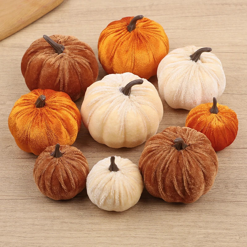 9pcs Velvet Artificial Pumpkins 3 Size Mixed Halloween Party Thanksgiving Home Table Decoration Autumn Fall Decor