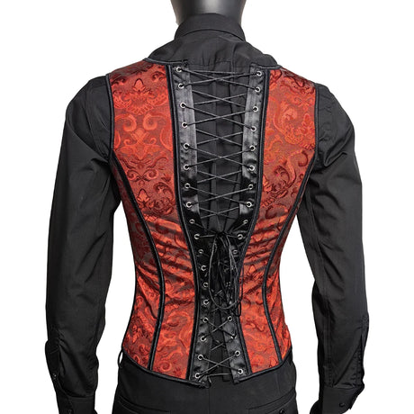 Men's Red Jacquard Boned Waistcoat Corset Vest Lace Up Burlesque Performance Stage Costume