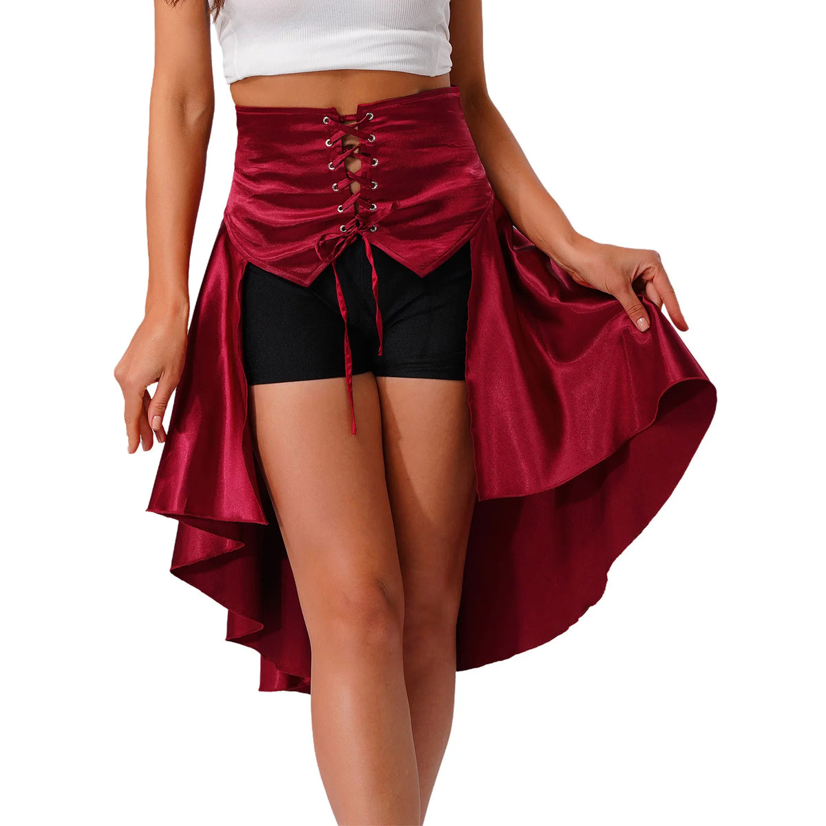 Gothic Steampunk Satiny Pirate Skirt Front Lace-up Tiered Irregular Hem Skirt Waist Belt Medieval Costume