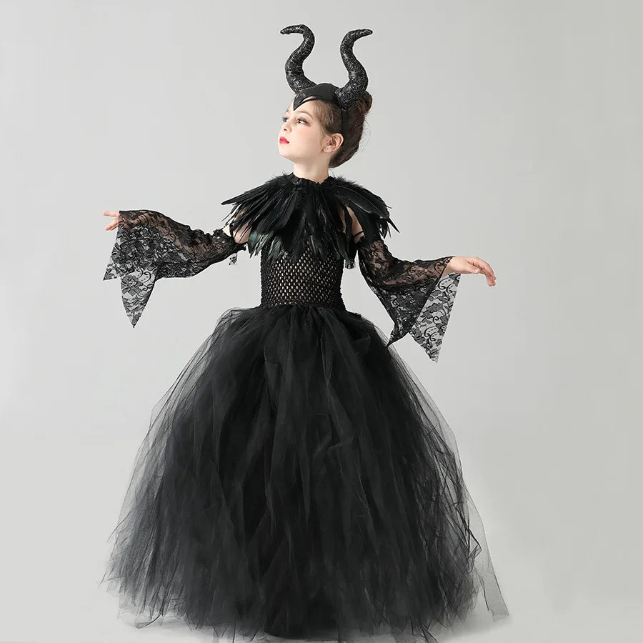 Girls Maleficent Black Tutu Halloween Costume with Feather Shawl