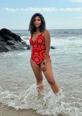 Red Flower Hollow Lace Swimsuit Skirt Resort Wear
