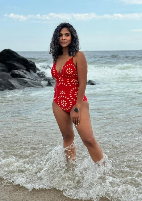 Red Flower Hollow Lace Swimsuit Skirt Resort Wear