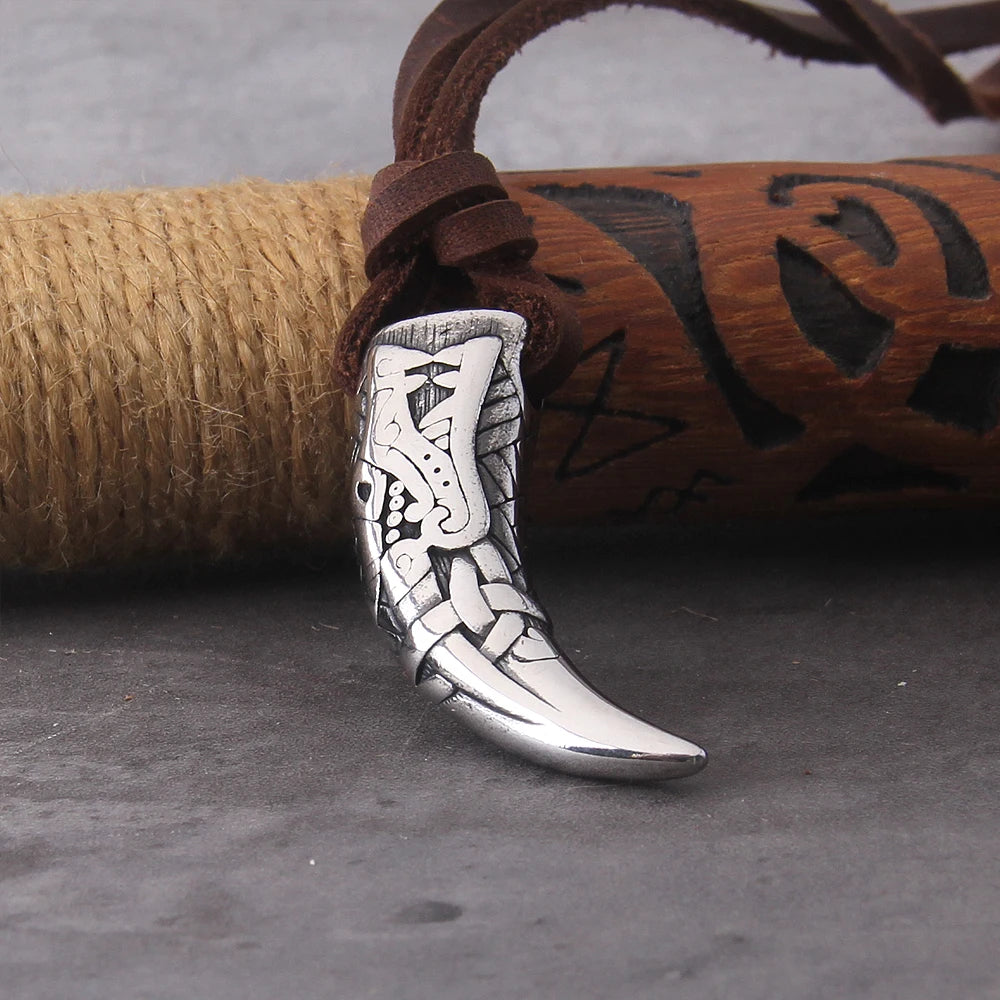 Viking Wolf Fang Stainless Steel Pendant Necklace For Men with Wooden Gift Box