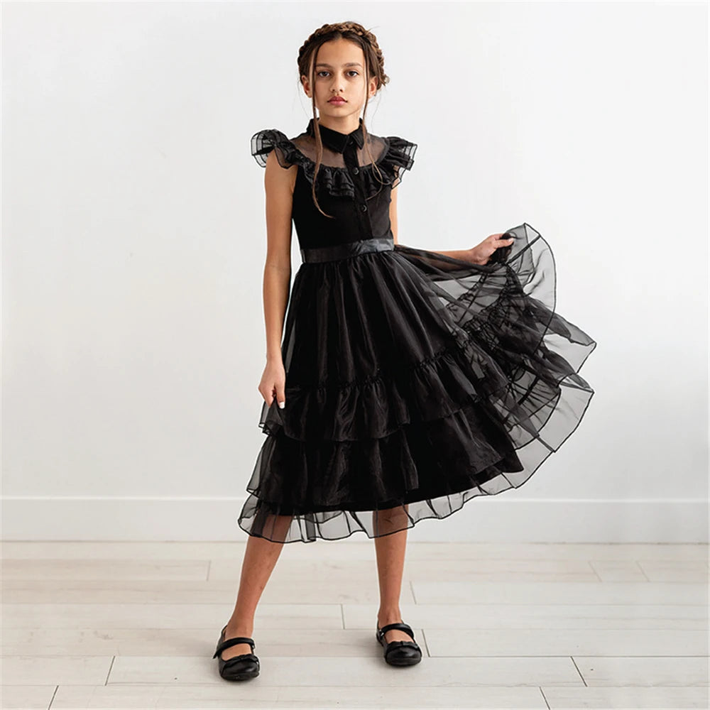 Wednesday Addams Cosplay Costume Girls Black Gothic Dress Sets