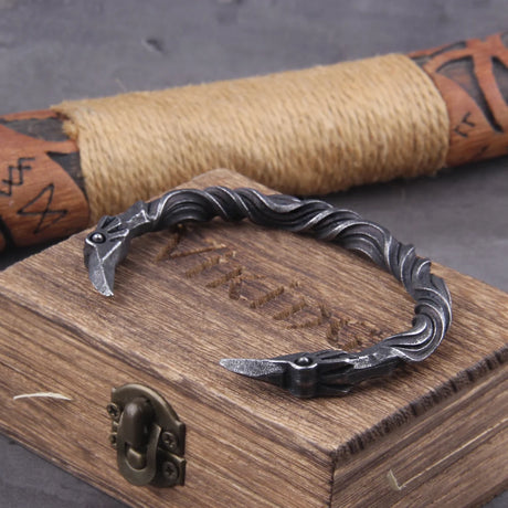 Stainless Steel Nordic Viking Norse Raven Cuff Bangle Mens Gift with Wooden Box