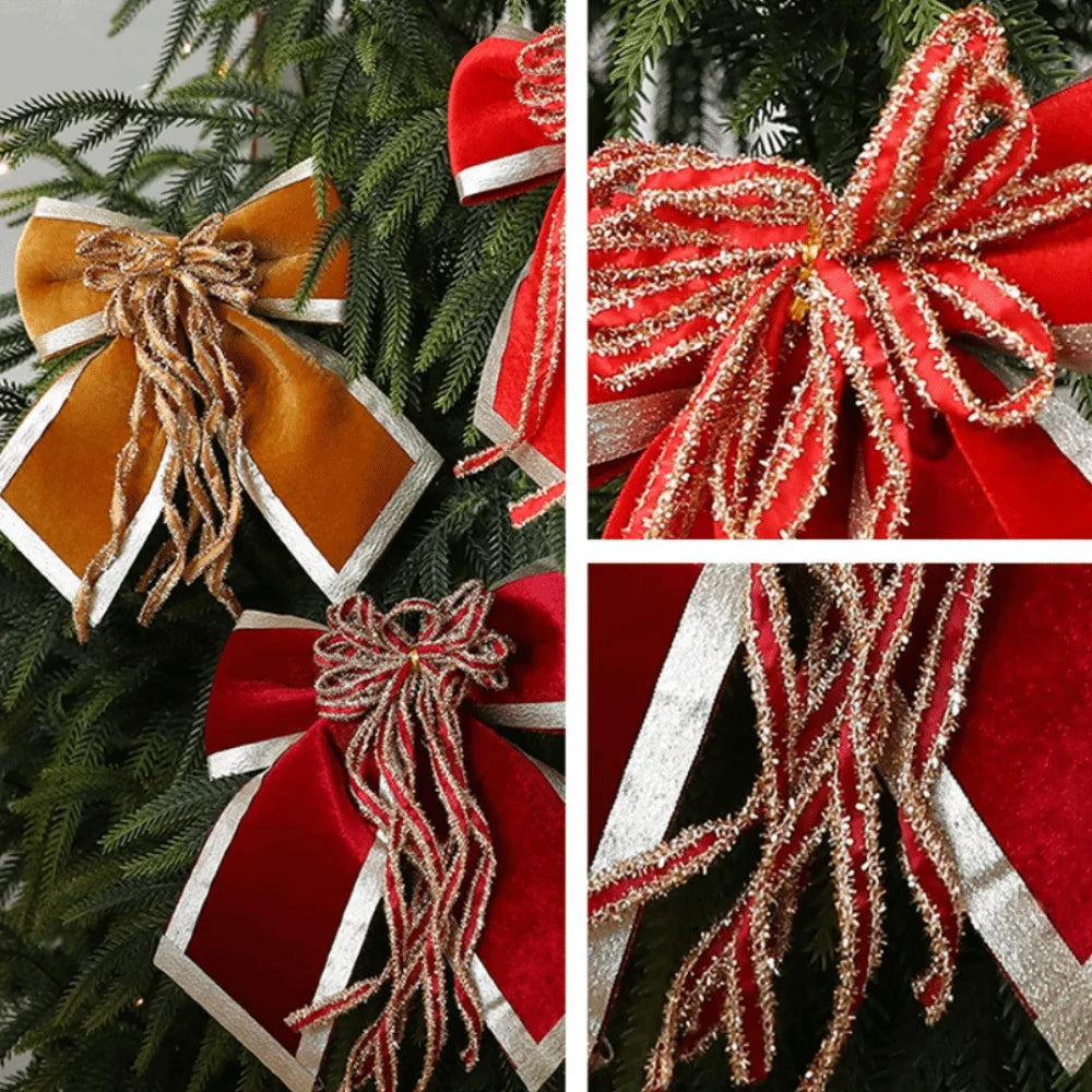 Sparkling Christmas Bow with Ribbon Christmas Tree Bowknot Flocked Wreath Xmas Decorations