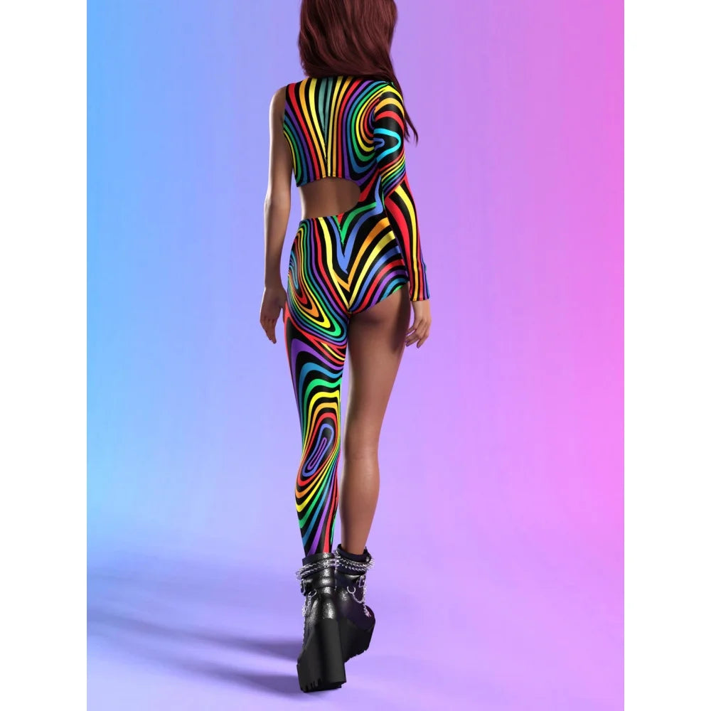 Asymmetrical Women Cyberpunk  Bodysuit Costume Colourful Jumpsuit Cosplay Halloween Party Performance Suit