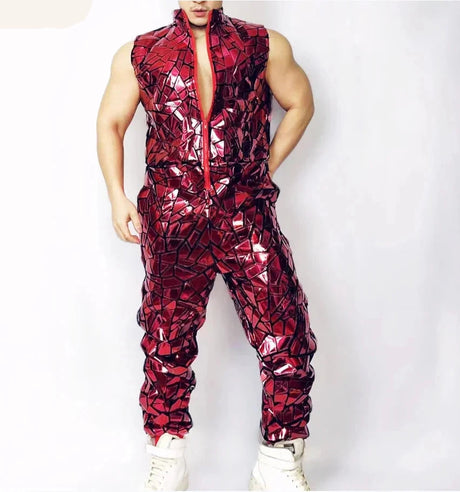 Mens Laser Mirror Sleeveless Jumpsuit Hip Hop Dancer Party Nightclub Outfit